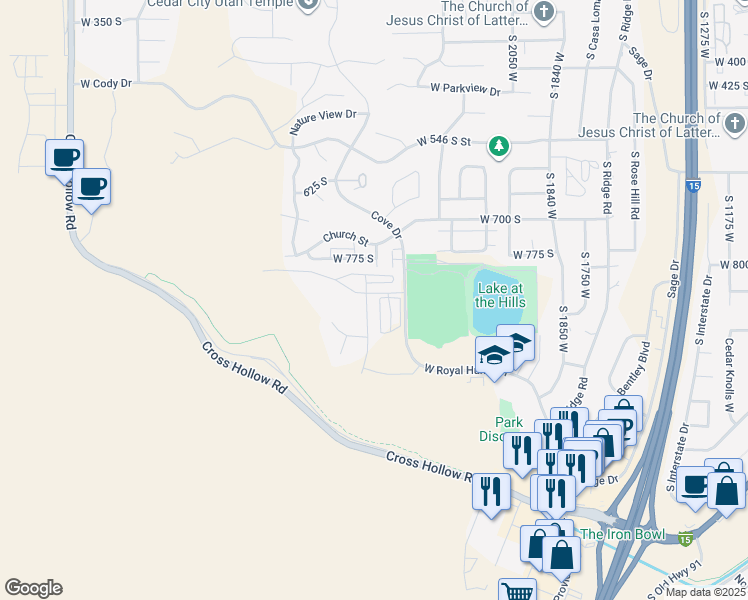 map of restaurants, bars, coffee shops, grocery stores, and more near South Cliffs Drive in Cedar City