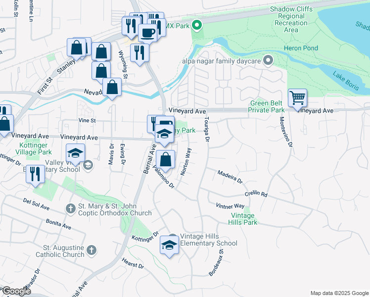 map of restaurants, bars, coffee shops, grocery stores, and more near 3375 Norton Way in Pleasanton