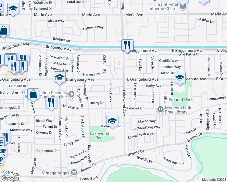 map of restaurants, bars, coffee shops, grocery stores, and more near 1304 Rimrock Way in Modesto