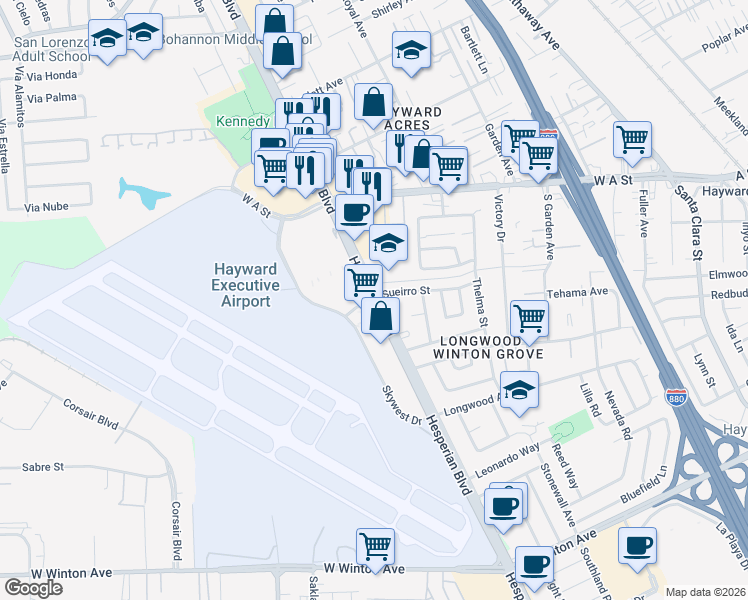 map of restaurants, bars, coffee shops, grocery stores, and more near Hesperian Blvd & Sueirro St in Hayward