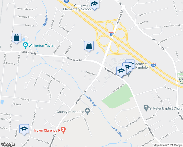 map of restaurants, bars, coffee shops, grocery stores, and more near Marions Way in Glen Allen