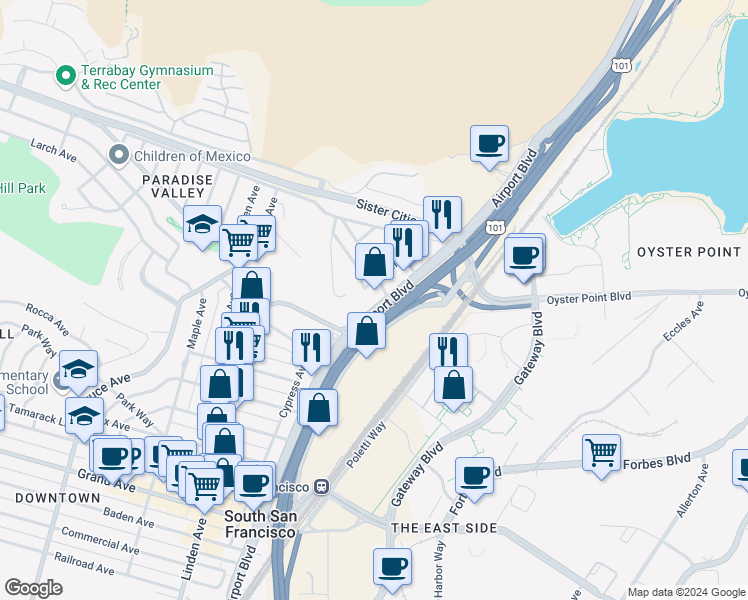map of restaurants, bars, coffee shops, grocery stores, and more near 937 Airport Boulevard in South San Francisco