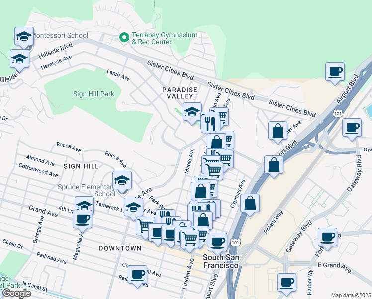 map of restaurants, bars, coffee shops, grocery stores, and more near 732 Spruce Avenue in South San Francisco