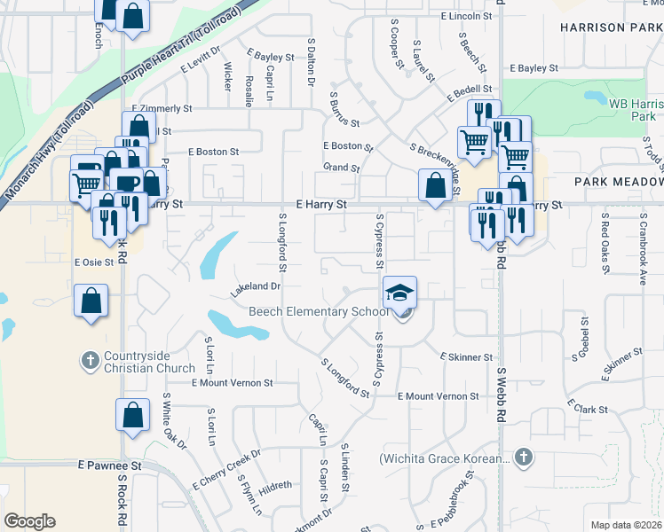 map of restaurants, bars, coffee shops, grocery stores, and more near 1717 South Cypress Street in Wichita