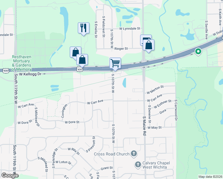 map of restaurants, bars, coffee shops, grocery stores, and more near 1705 South Lark Court in Wichita