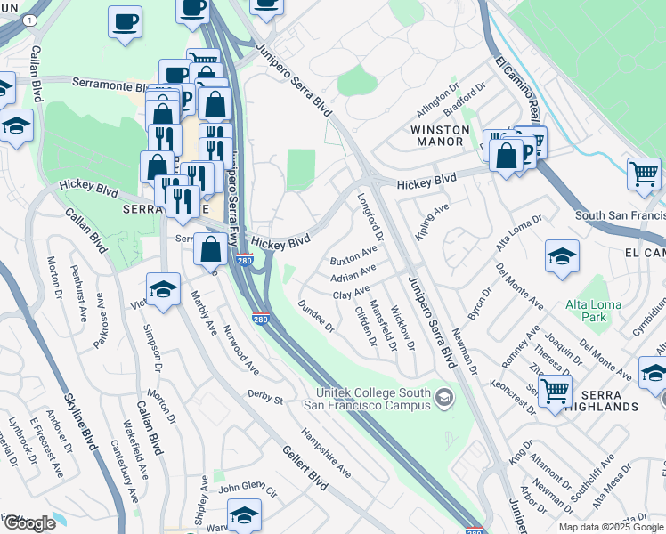 map of restaurants, bars, coffee shops, grocery stores, and more near 138 Adrian Avenue in South San Francisco