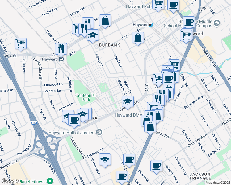 map of restaurants, bars, coffee shops, grocery stores, and more near 2252 Morrow Street in Hayward