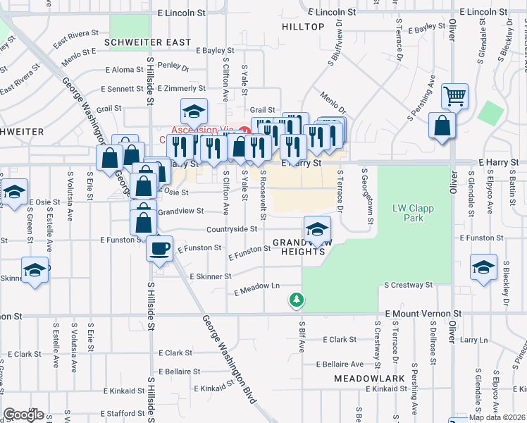 map of restaurants, bars, coffee shops, grocery stores, and more near 1730 South Roosevelt Street in Wichita