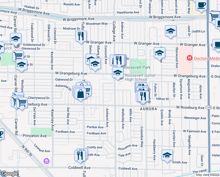 map of restaurants, bars, coffee shops, grocery stores, and more near 1102 Ulrich Avenue in Modesto