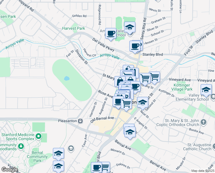 map of restaurants, bars, coffee shops, grocery stores, and more near 460 Division Street in Pleasanton