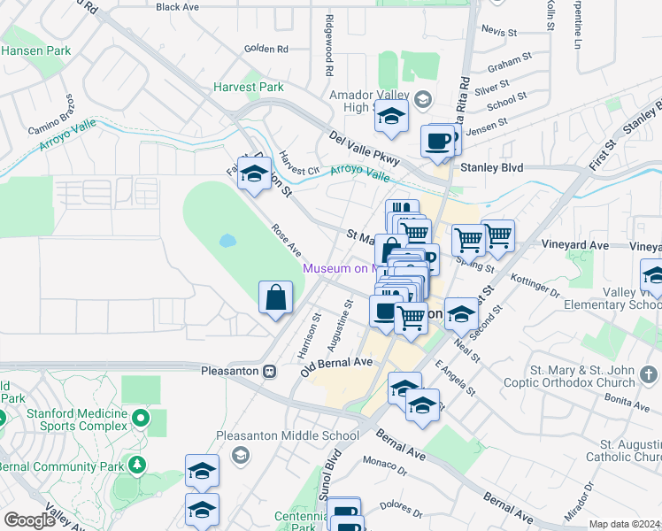map of restaurants, bars, coffee shops, grocery stores, and more near 4482 Pleasanton Avenue in Pleasanton