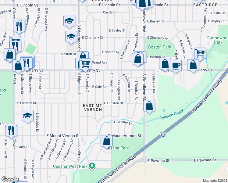 map of restaurants, bars, coffee shops, grocery stores, and more near 1727 Lexington Road in Wichita