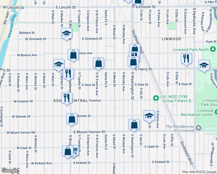 map of restaurants, bars, coffee shops, grocery stores, and more near 1715 Santa Fe South in Wichita