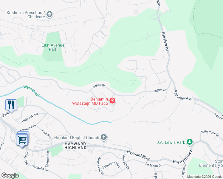 map of restaurants, bars, coffee shops, grocery stores, and more near 3740 Oakes Drive in Hayward