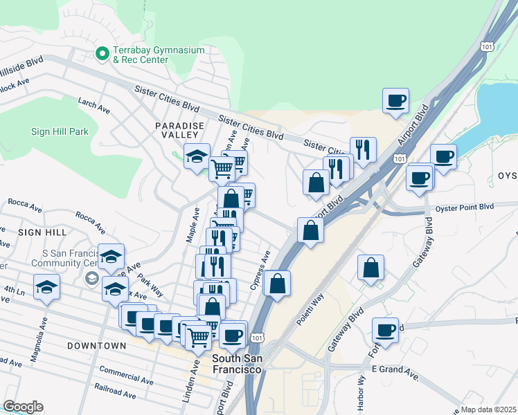 map of restaurants, bars, coffee shops, grocery stores, and more near 951 Linden Avenue in South San Francisco