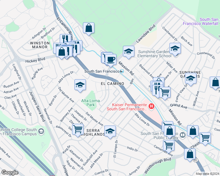 map of restaurants, bars, coffee shops, grocery stores, and more near 185 Cymbidium Circle in South San Francisco