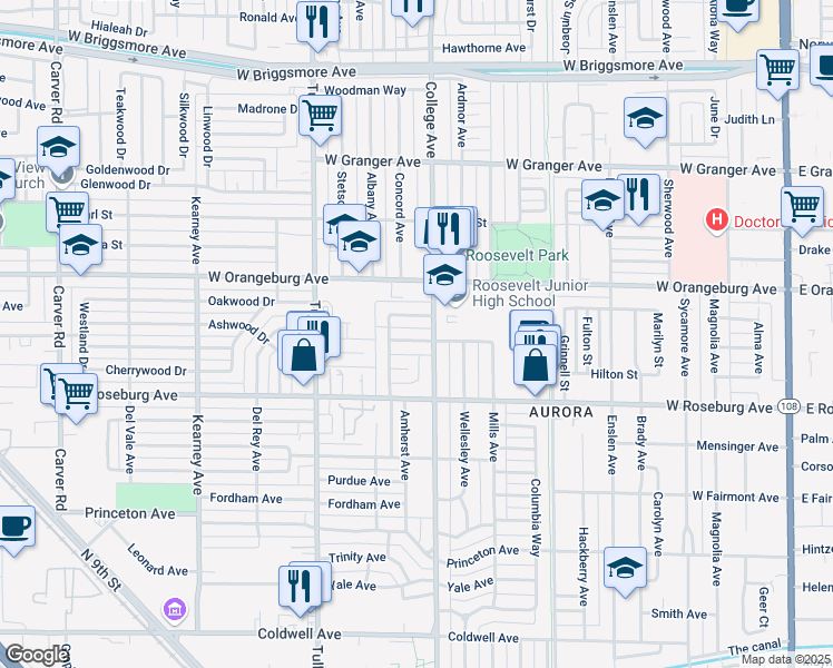 map of restaurants, bars, coffee shops, grocery stores, and more near 1102 Ulrich Avenue in Modesto