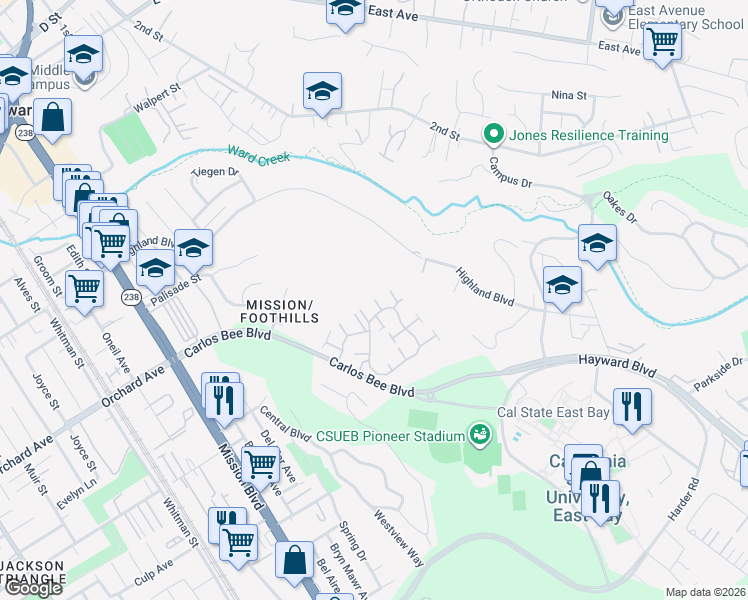 map of restaurants, bars, coffee shops, grocery stores, and more near Martha's Vineyard in Hayward