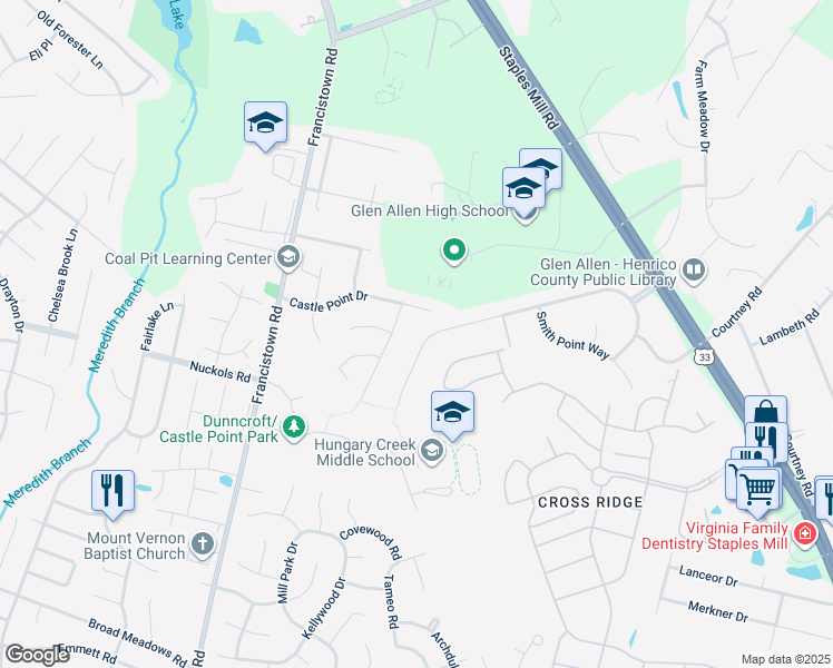 map of restaurants, bars, coffee shops, grocery stores, and more near 4932 Topping Lane in Glen Allen