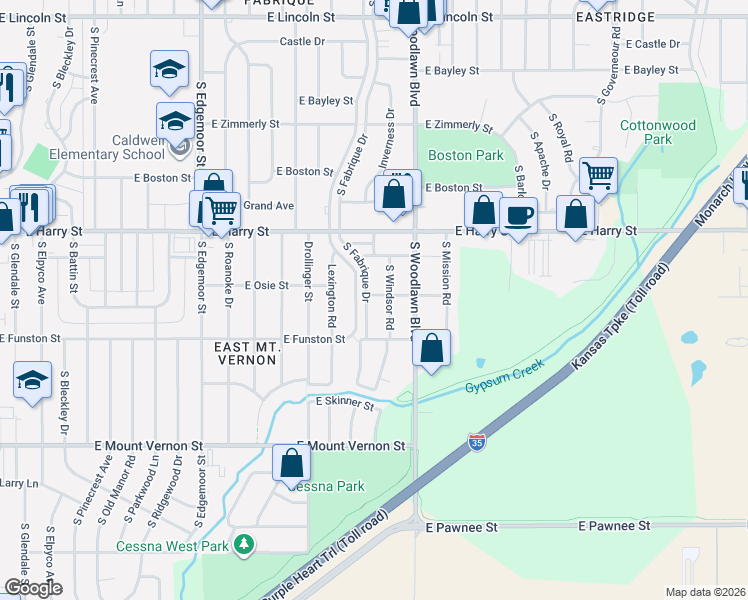 map of restaurants, bars, coffee shops, grocery stores, and more near 1727 South Fabrique Drive in Wichita