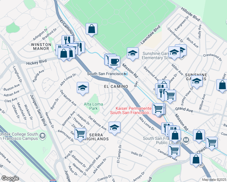 map of restaurants, bars, coffee shops, grocery stores, and more near 185 Cymbidium Circle in South San Francisco