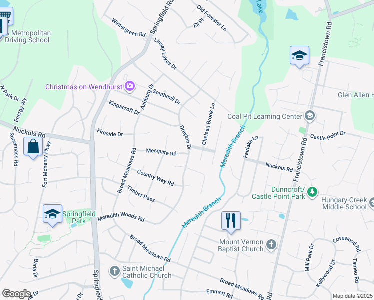 map of restaurants, bars, coffee shops, grocery stores, and more near 9500 Mesquite Road in Glen Allen
