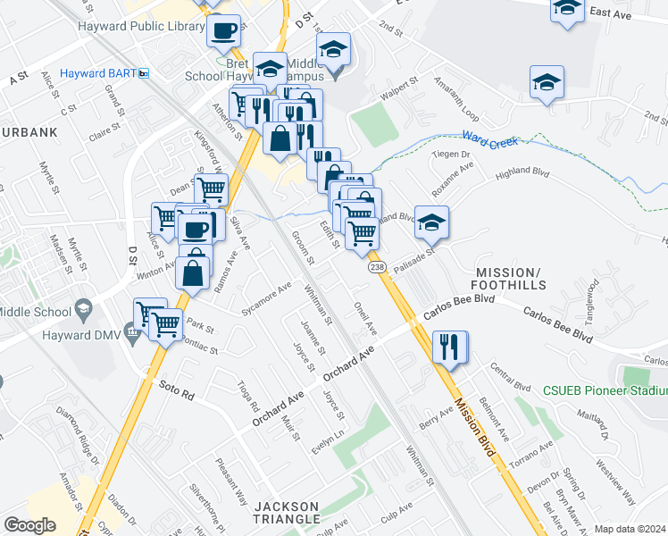 map of restaurants, bars, coffee shops, grocery stores, and more near 24545 O'Neil Avenue in Hayward