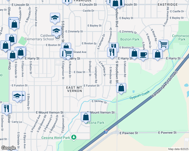 map of restaurants, bars, coffee shops, grocery stores, and more near 1715 South Lexington Road in Wichita