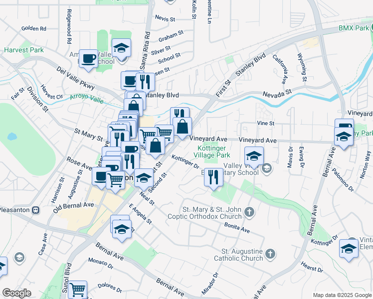 map of restaurants, bars, coffee shops, grocery stores, and more near 4162 Vineyard Avenue in Pleasanton
