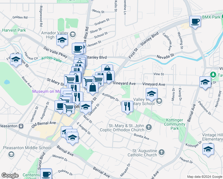 map of restaurants, bars, coffee shops, grocery stores, and more near 4162 Vineyard Avenue in Pleasanton