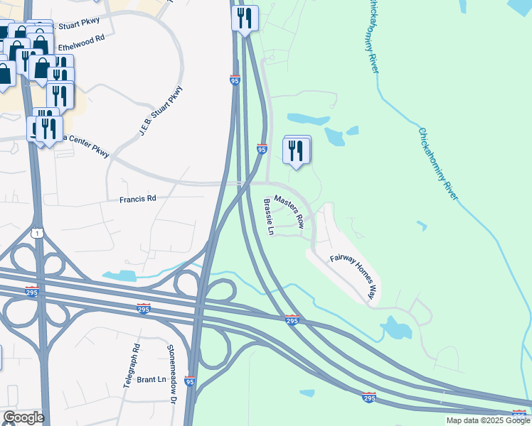 map of restaurants, bars, coffee shops, grocery stores, and more near 811 Brassie Lane in Glen Allen