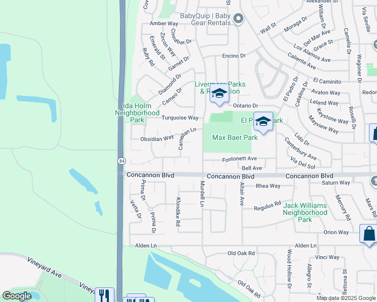 map of restaurants, bars, coffee shops, grocery stores, and more near 1608 Fluorite Court in Livermore