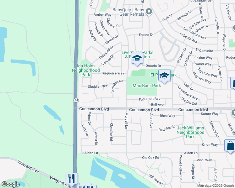 map of restaurants, bars, coffee shops, grocery stores, and more near 1608 Fluorite Court in Livermore