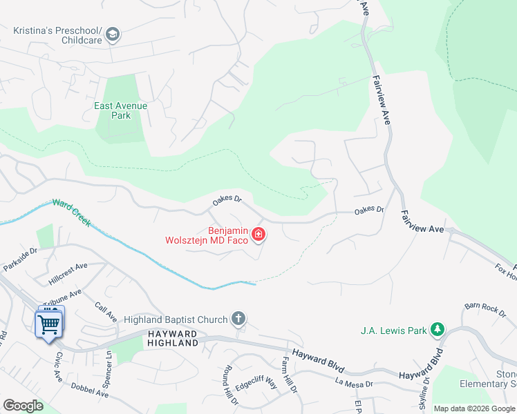 map of restaurants, bars, coffee shops, grocery stores, and more near 3740 Oakes Drive in Hayward