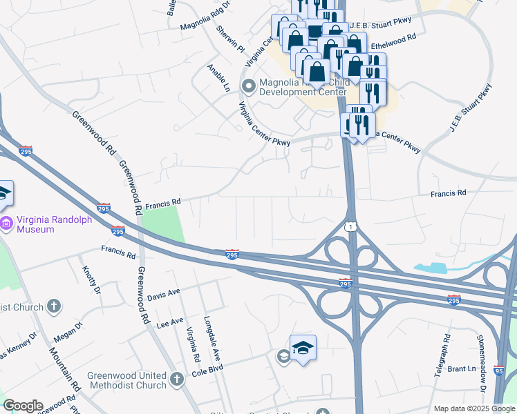 map of restaurants, bars, coffee shops, grocery stores, and more near 10023 Crystal Lake Avenue in Glen Allen