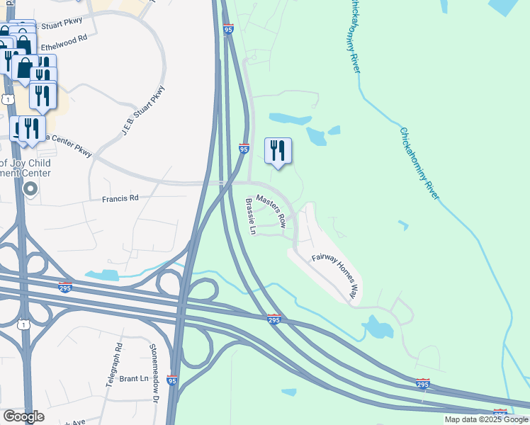 map of restaurants, bars, coffee shops, grocery stores, and more near 811 Brassie Lane in Glen Allen