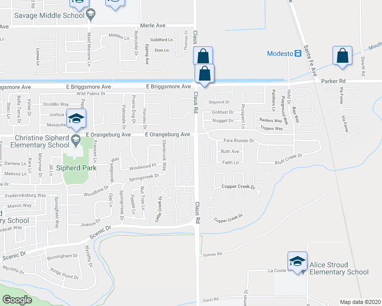 map of restaurants, bars, coffee shops, grocery stores, and more near 1309 Claus Road in Modesto