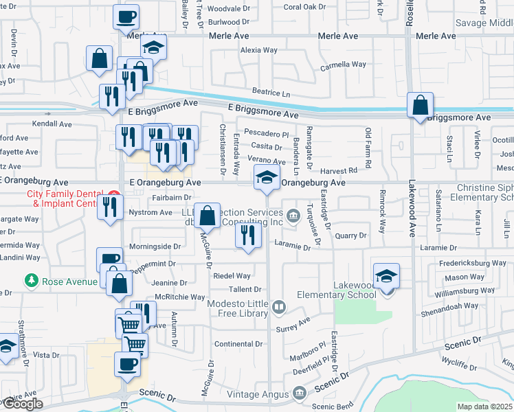 map of restaurants, bars, coffee shops, grocery stores, and more near 2509 Meadow Rue Drive in Modesto