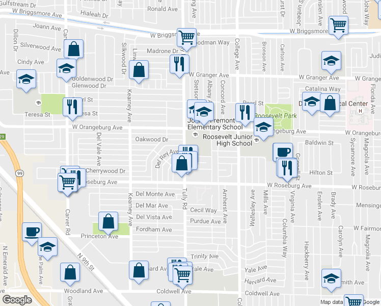 map of restaurants, bars, coffee shops, grocery stores, and more near 1221 College Court in Modesto