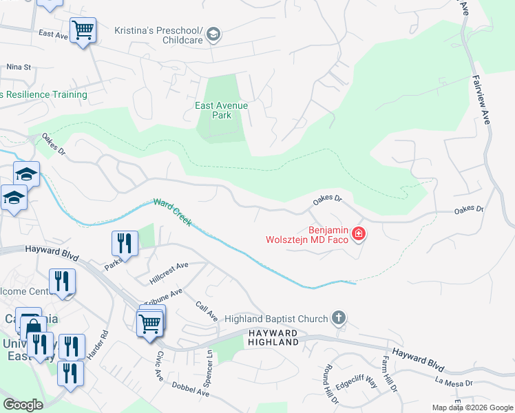 map of restaurants, bars, coffee shops, grocery stores, and more near 3555 Oakes Drive in Hayward