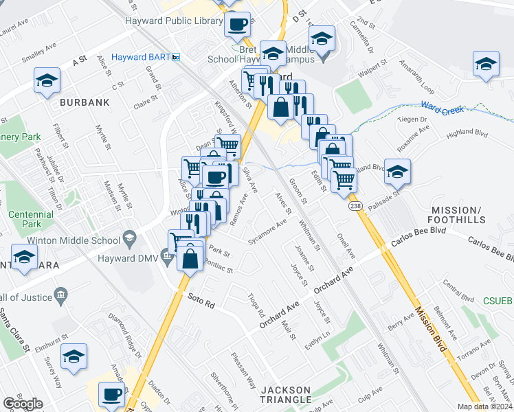 map of restaurants, bars, coffee shops, grocery stores, and more near 24383 Thomas Avenue in Hayward