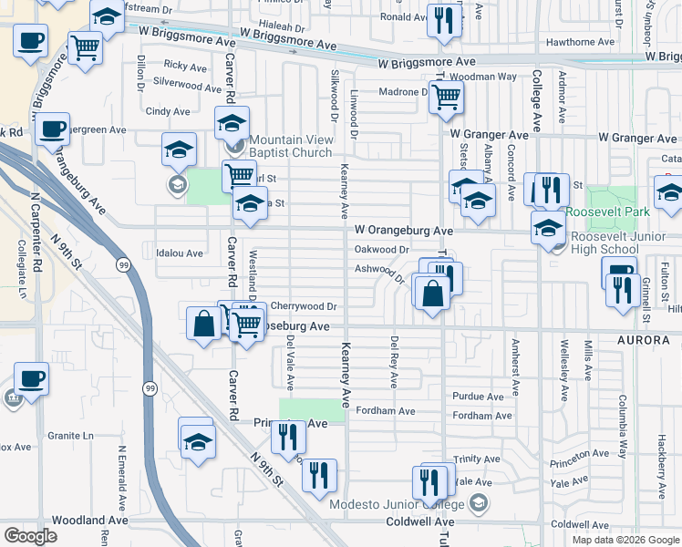 map of restaurants, bars, coffee shops, grocery stores, and more near 1502 Ashwood Drive in Modesto