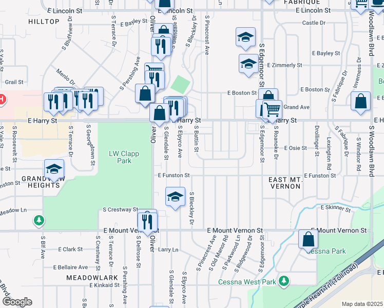 map of restaurants, bars, coffee shops, grocery stores, and more near 1769 South Battin Street in Wichita