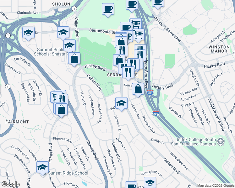 map of restaurants, bars, coffee shops, grocery stores, and more near 21 Wembley Drive in Daly City