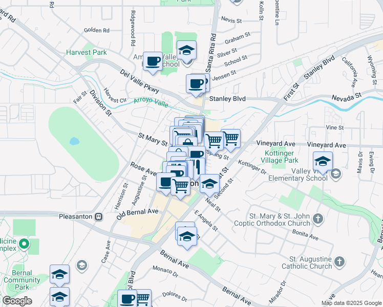 map of restaurants, bars, coffee shops, grocery stores, and more near 620 Main Street in Pleasanton