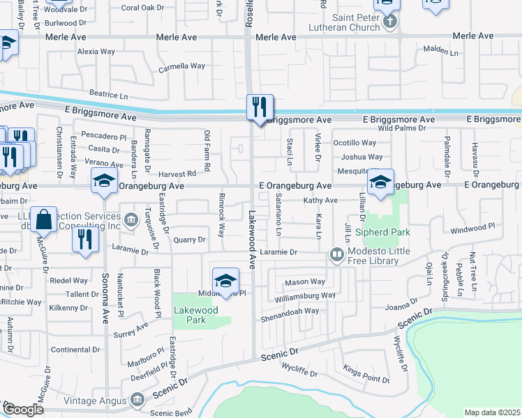 map of restaurants, bars, coffee shops, grocery stores, and more near 1320 Lakewood Avenue in Modesto