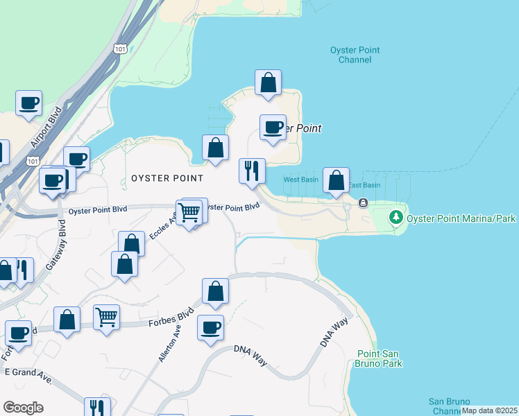 map of restaurants, bars, coffee shops, grocery stores, and more near 354 Oyster Point Boulevard in South San Francisco