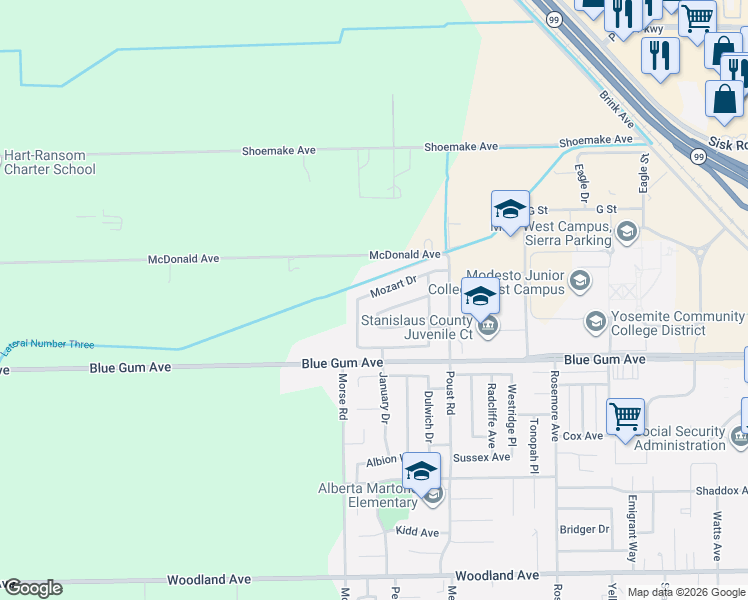 map of restaurants, bars, coffee shops, grocery stores, and more near 2808 Mozart Drive in Modesto