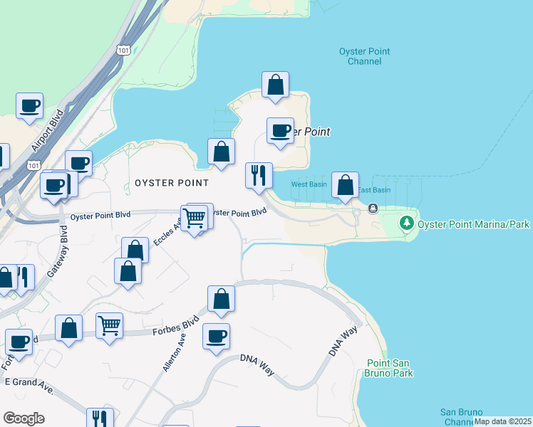 map of restaurants, bars, coffee shops, grocery stores, and more near 354 Oyster Point Boulevard in South San Francisco