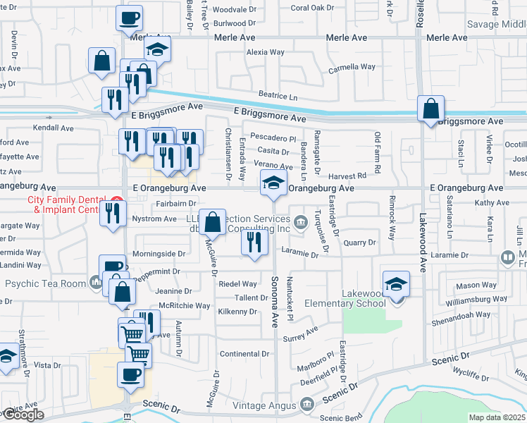 map of restaurants, bars, coffee shops, grocery stores, and more near 1325 Sonoma Avenue in Modesto